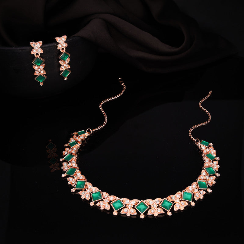 Tehzeeb Creations Rose Gold-Polished Green Choker Necklace With Dangle Earrings - Distacart