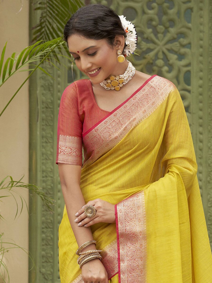 Anouk Yellow & Red Zari Tussar Silk Saree - Distacart