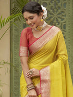 Thumbnail for Anouk Yellow & Red Zari Tussar Silk Saree - Distacart