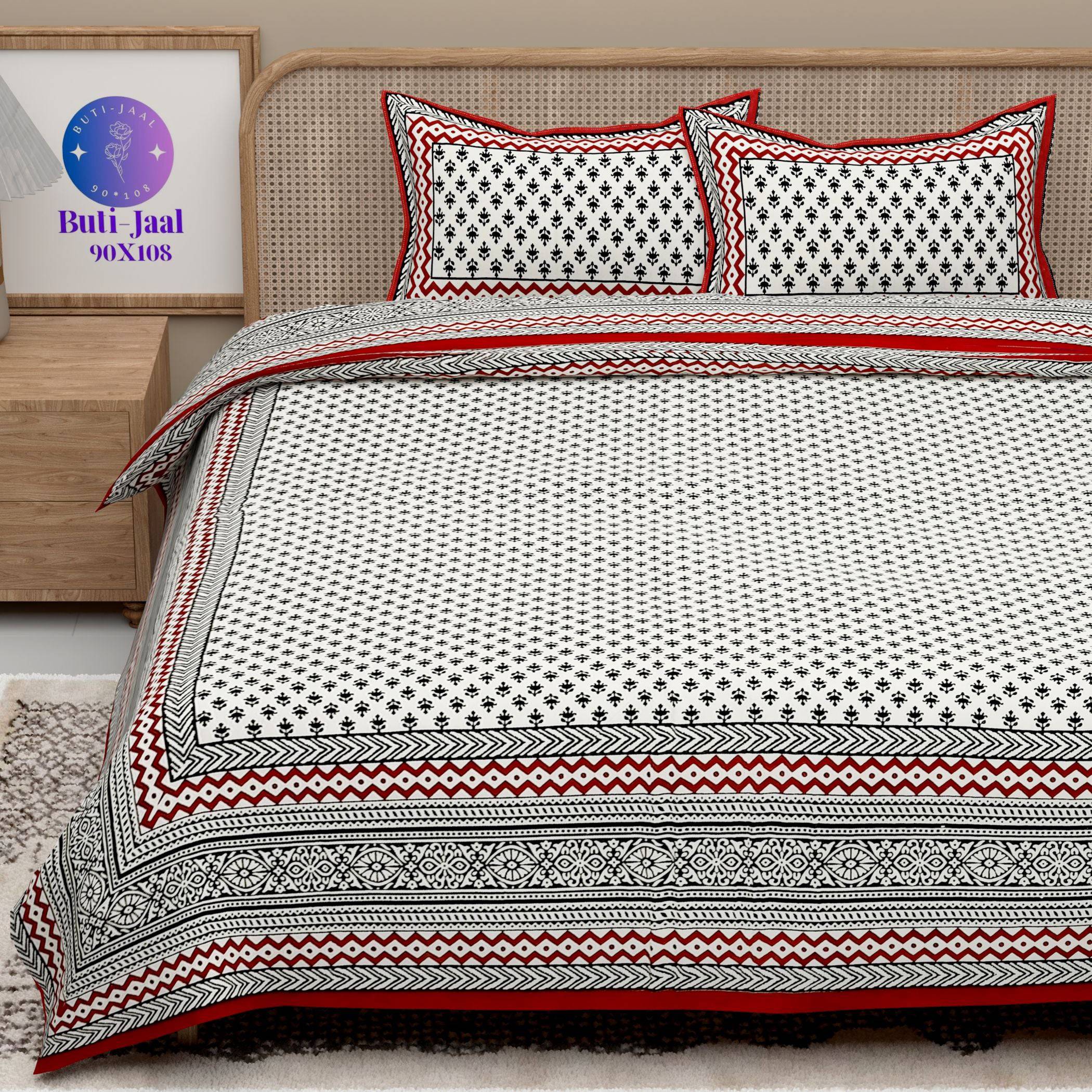 Red Black Handblock Printed Cotton 200TC King Bedsheet With 2 Zipper Pillow Covers - King Size by House of Ree - Distacart