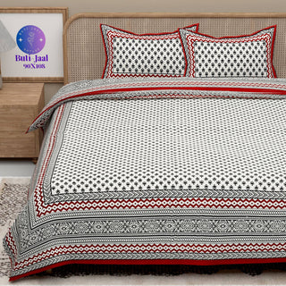 Red Black Handblock Printed Cotton 200TC King Bedsheet With 2 Zipper Pillow Covers - King Size by House of Ree - Distacart