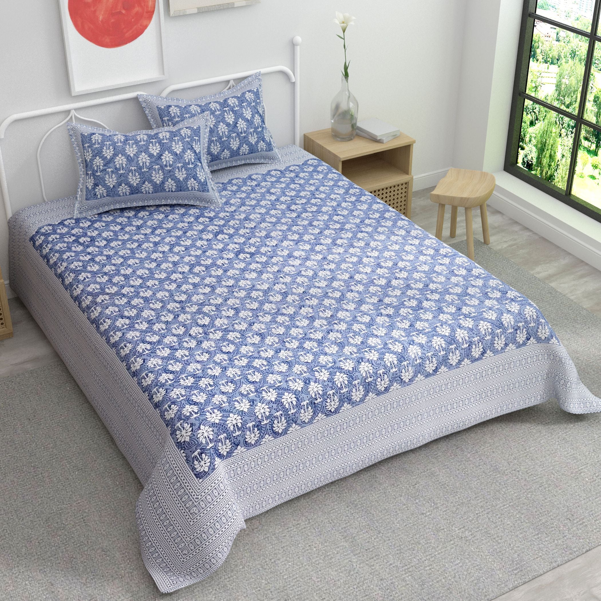 Blue Ethnic Motifs Cotton 220 TC King Bedsheet With 2 Zipper Pillow Covers - King Size by House of Ree - Distacart