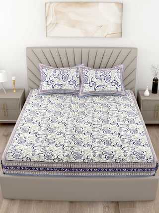Lavender Floral Printed Cotton 200TC King Bedsheet With 2 Zipper Pillow Covers - King Size by House of Ree - Distacart
