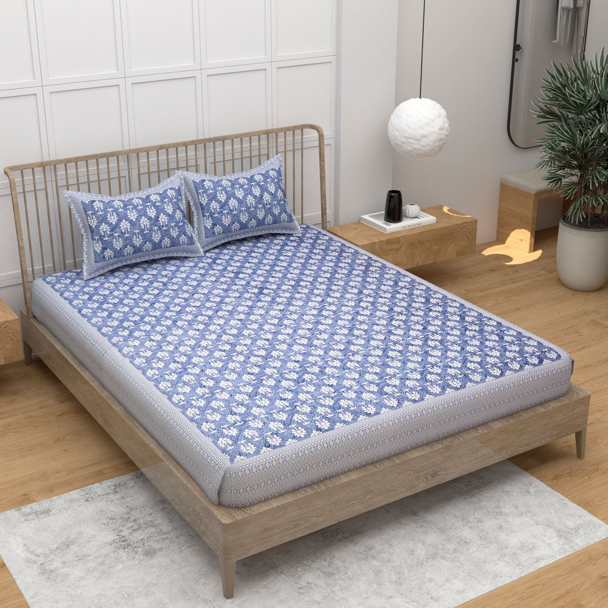 Blue Ethnic Motifs Cotton 220 TC King Bedsheet With 2 Zipper Pillow Covers - King Size by House of Ree - Distacart