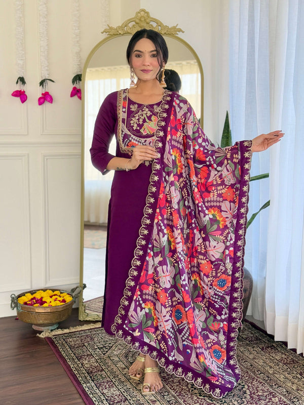 The52 Women's Viscose Chanderi Fabric Straight Kurta, Pant and Dupatta Set