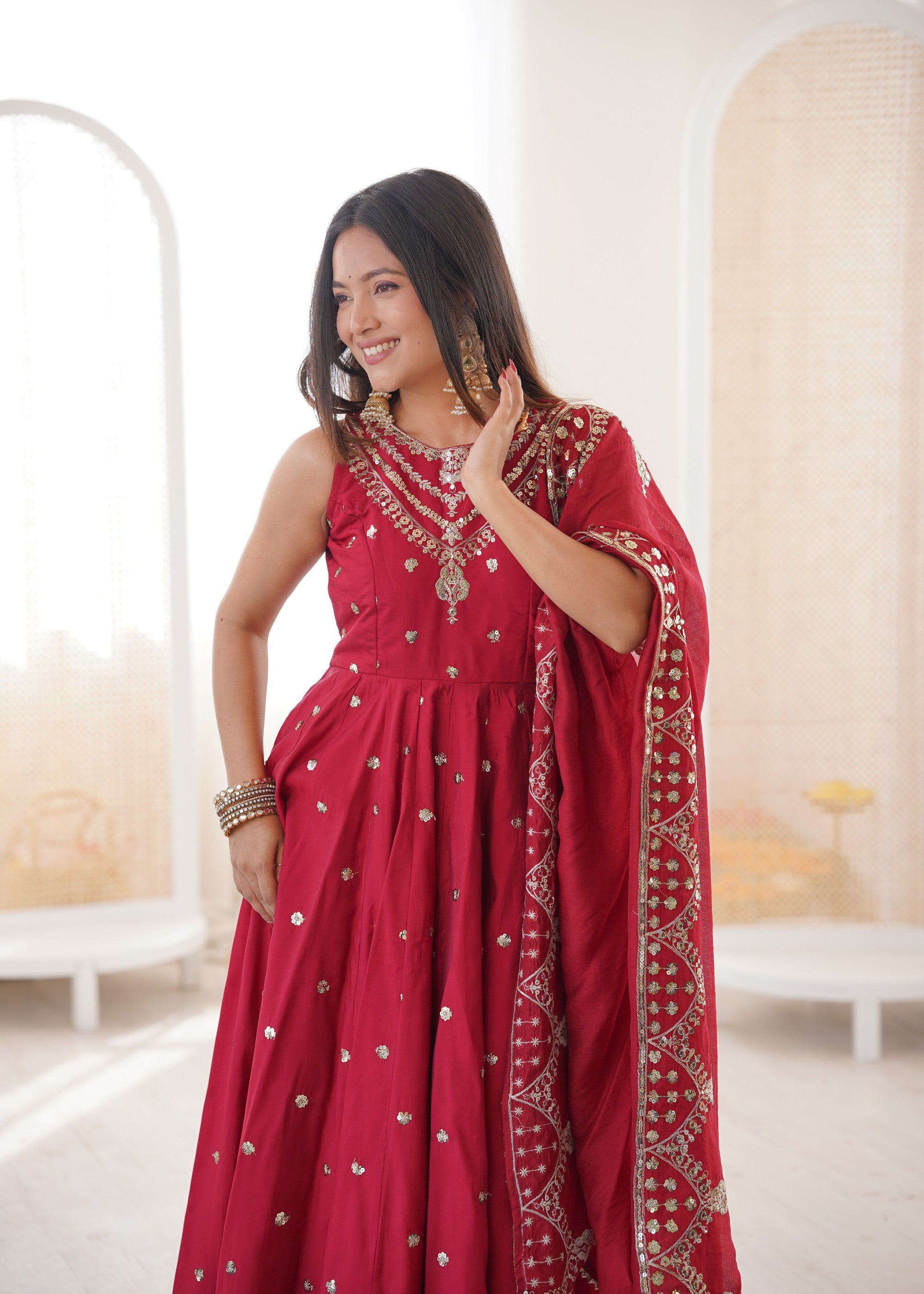 Anaita Red Silk Readymade Anarkali Suit with Embroidery & Sequence Work - Dista