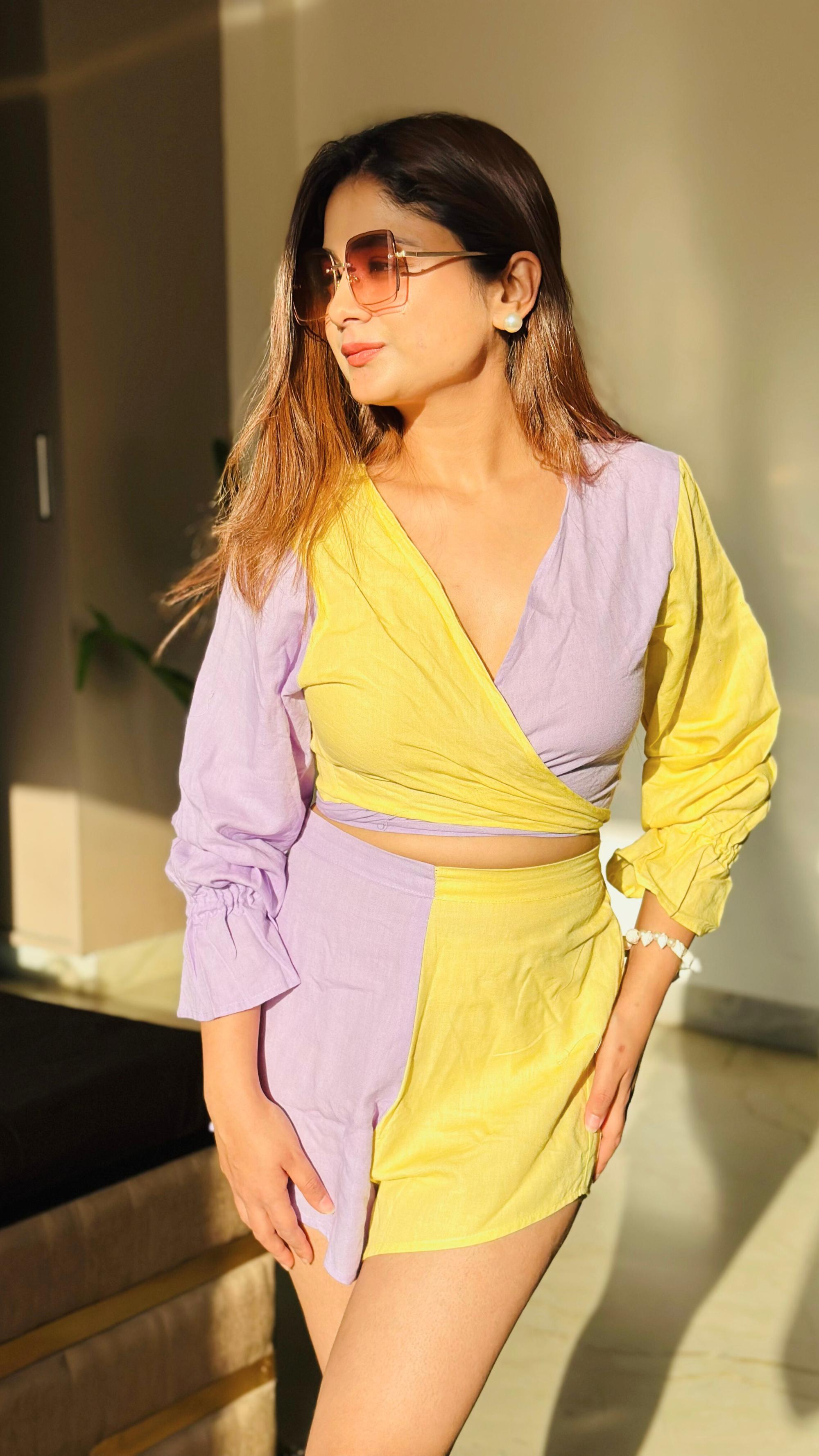 Noroke Sustainable fabric | Linen Cotton Front Tie Linen Co-Ord Set Women - Purple Yellow - Distacart