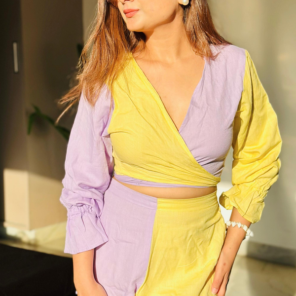 Noroke Sustainable fabric | Linen Cotton Front Tie Linen Co-Ord Set Women - Purple Yellow - Distacart