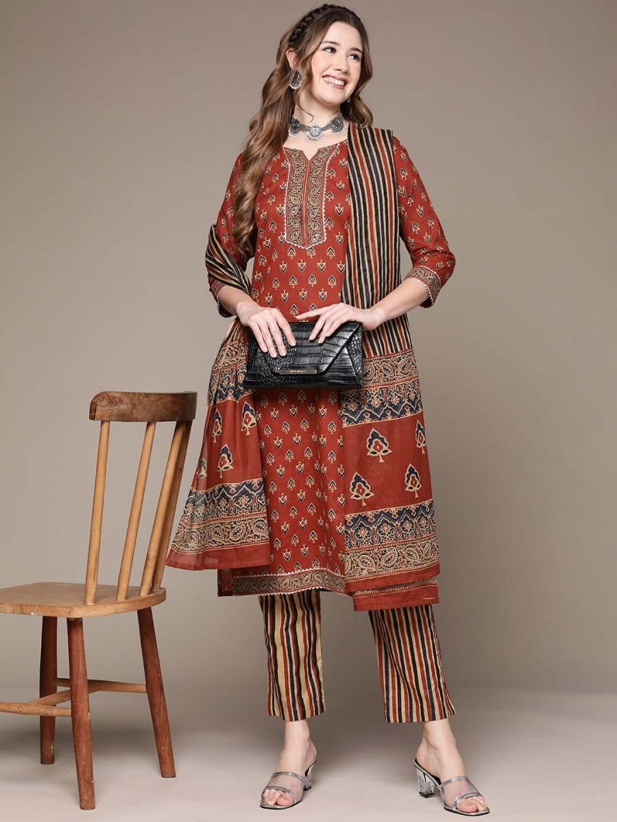 Anubhutee Women Rust Red Ethnic Motifs Printed Pure Cotton Kurta with Trousers & Dupatta - Distacart
