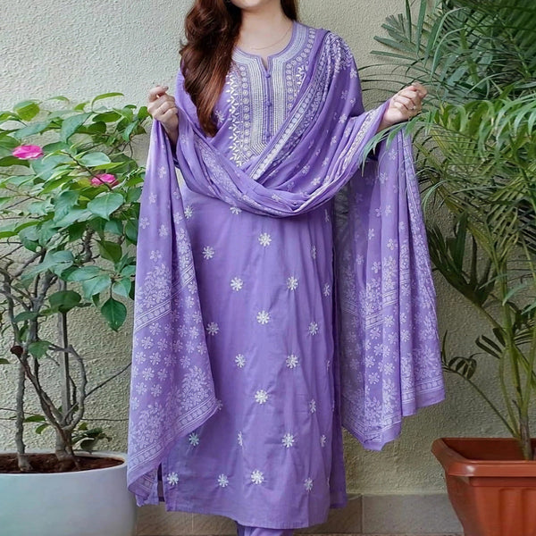 Kalini Ethnic Motifs Embroidered Pure Cotton Straight Kurta & Trouser With Dupatta - Distacart