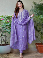 Thumbnail for Kalini Ethnic Motifs Embroidered Pure Cotton Straight Kurta & Trouser With Dupatta - Distacart
