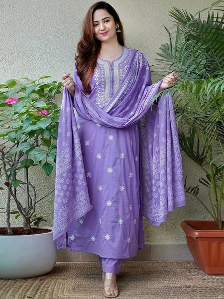 Kalini Ethnic Motifs Embroidered Pure Cotton Straight Kurta & Trouser With Dupatta - Distacart