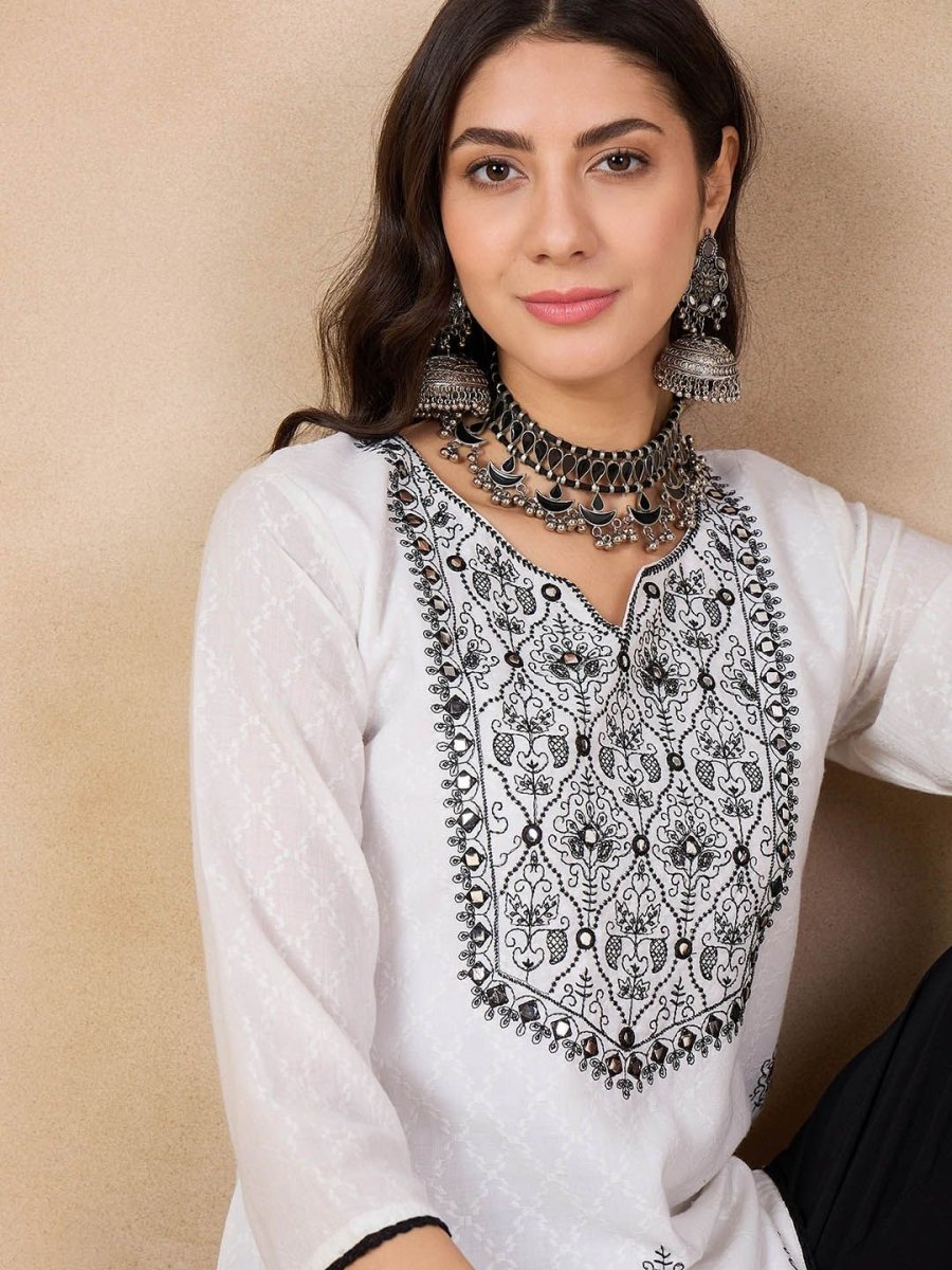 Anouk White Ethnic Motifs Embroidered Mirror Work Detailed Pure Cotton Straight Kurta - Distacart