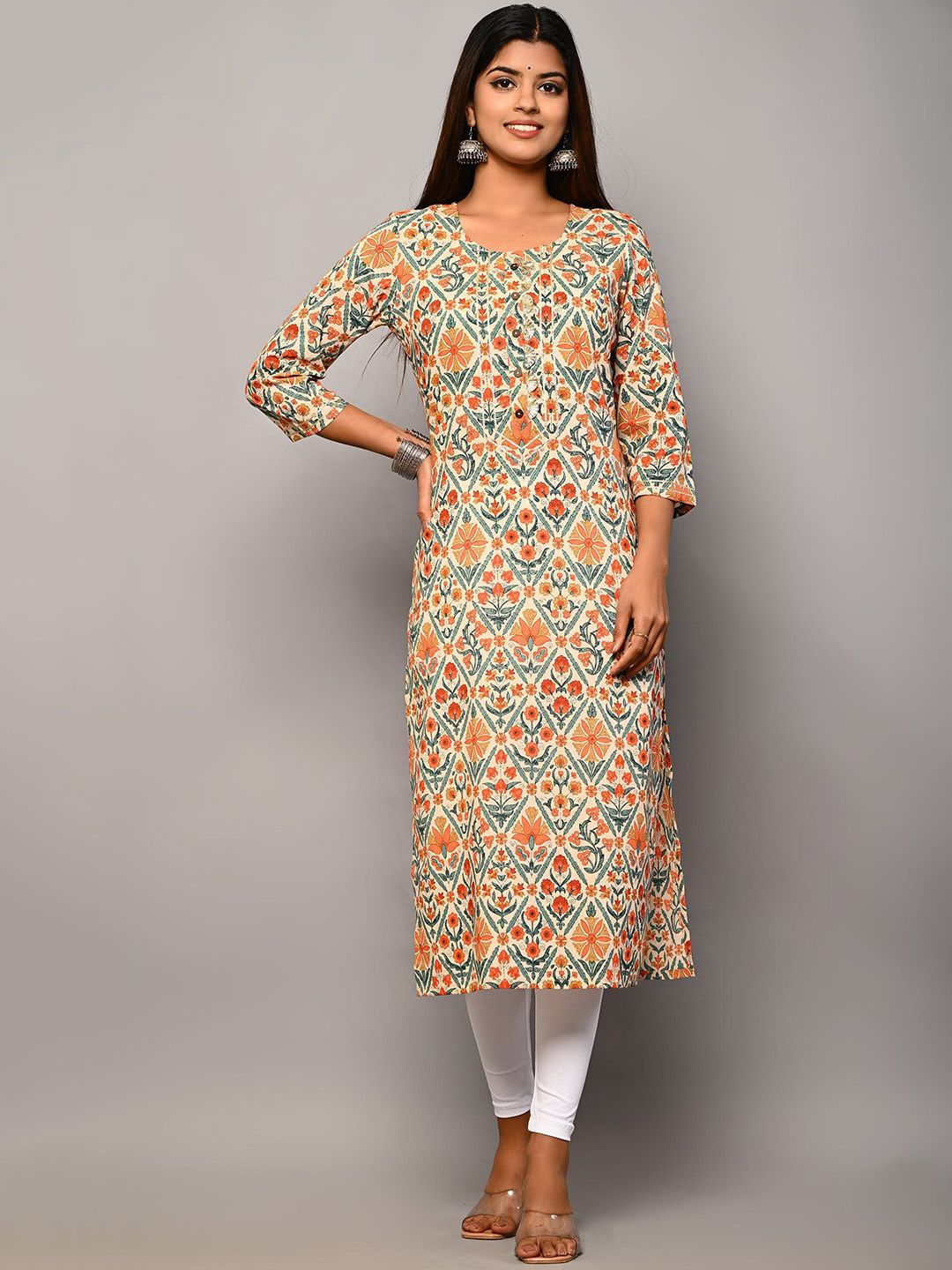 Swasti Women Beige Geometric Printed Floral Kurta - Distacart