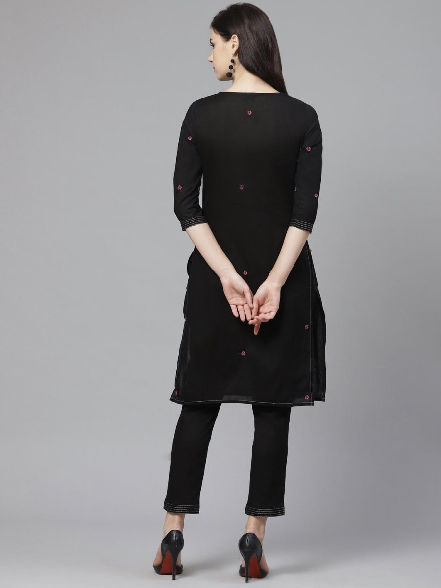 ADA Women Black & Pink Chikankari Embroidered Sustainable Handloom Kurta with Trousers - Distacart