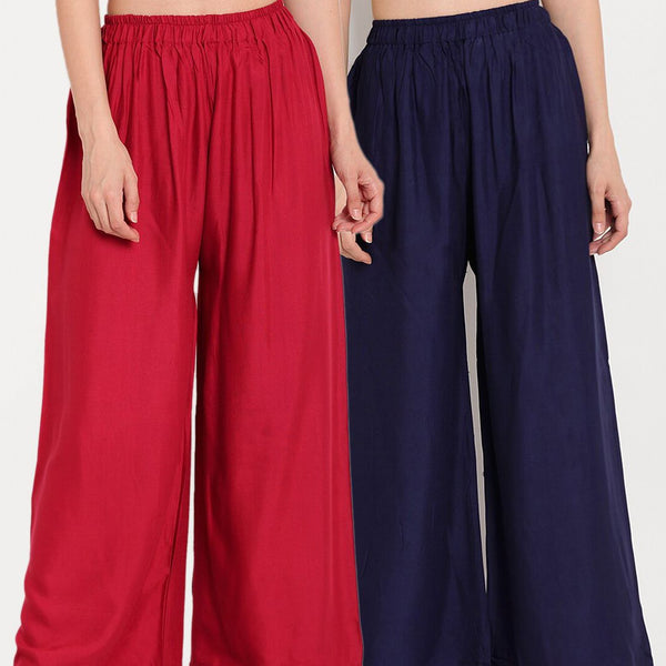 TAG 7 Women Navy Blue & Maroon Set of 2 Flared Ethnic Palazzos - Distacart
