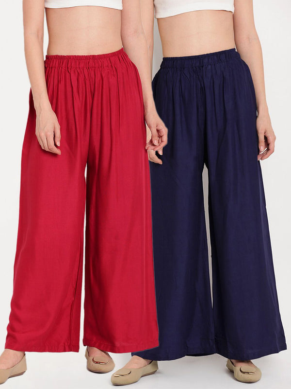 TAG 7 Women Navy Blue & Maroon Set of 2 Flared Ethnic Palazzos