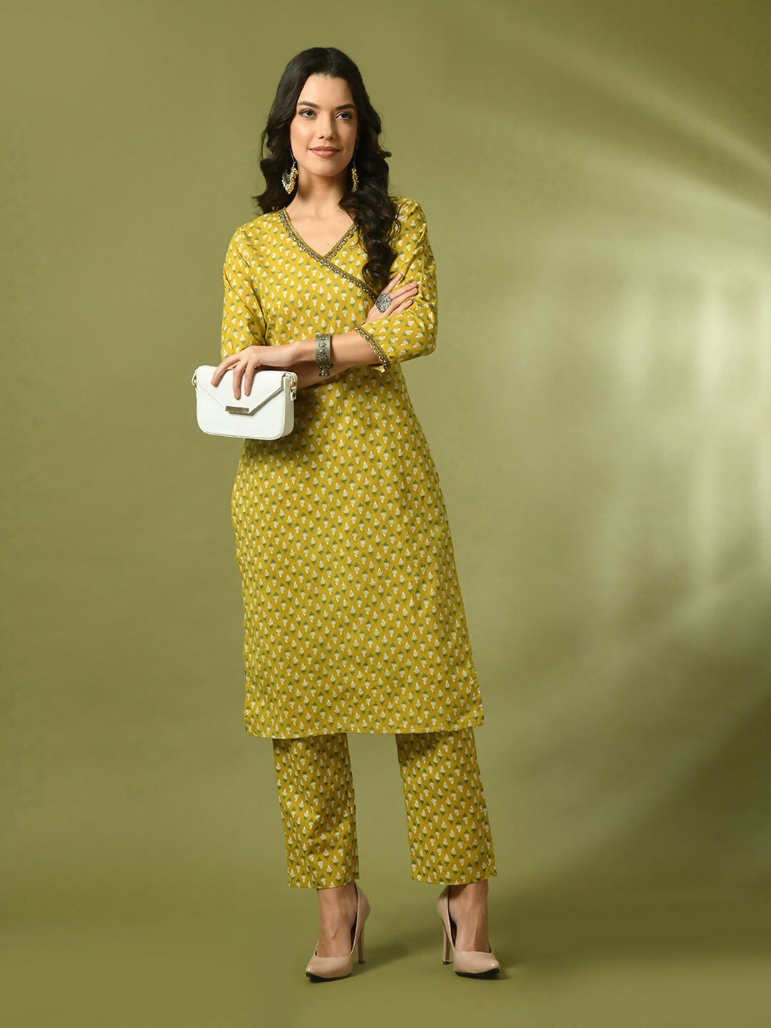 Myshka Women's Yellow Printed Cotton Straight Party Kurta Set - Distacart