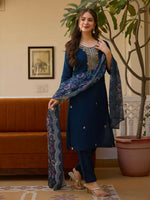 Thumbnail for Preksha Creation Blue Viscose Chanderi Embroidered Beads Kurta Set With Dupatta And Pant