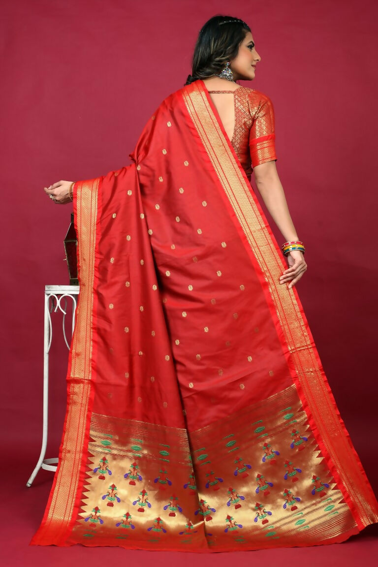 Jyoti Fashion Women's Red Paithani Silk Zari Woven Saree with Blouse - Distacart