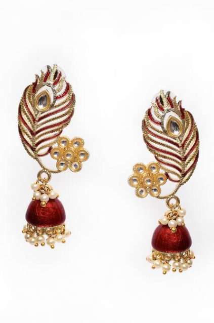 Peacock Feather Pattern Maroon Jhumki Drop Earrings for Womens by House of Ree - Distacart