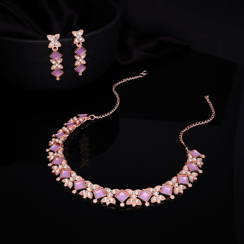 Tehzeeb Creations Rose Gold-Polished Lavender Choker Necklace With Dangle Earrings - Distacart