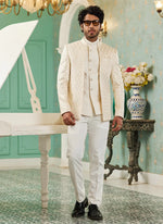 Thumbnail for Raivat Ethnic Art Silk Embroidery and Thread Work Jodhpuri in Cream Colour