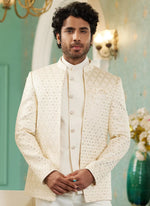 Thumbnail for Raivat Ethnic Art Silk Embroidery and Thread Work Jodhpuri in Cream Colour