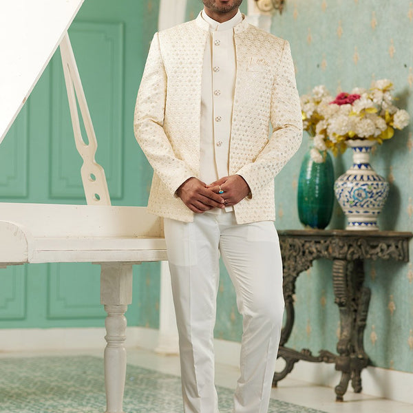 Raivat Ethnic Art Silk Embroidery and Thread Work Jodhpuri in Cream Colour