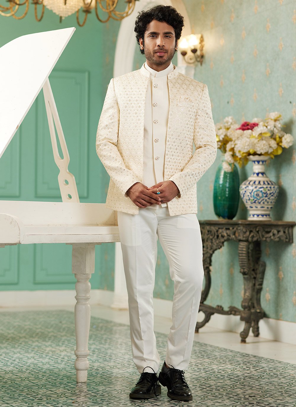 Raivat Ethnic Art Silk Embroidery and Thread Work Jodhpuri in Cream Colour