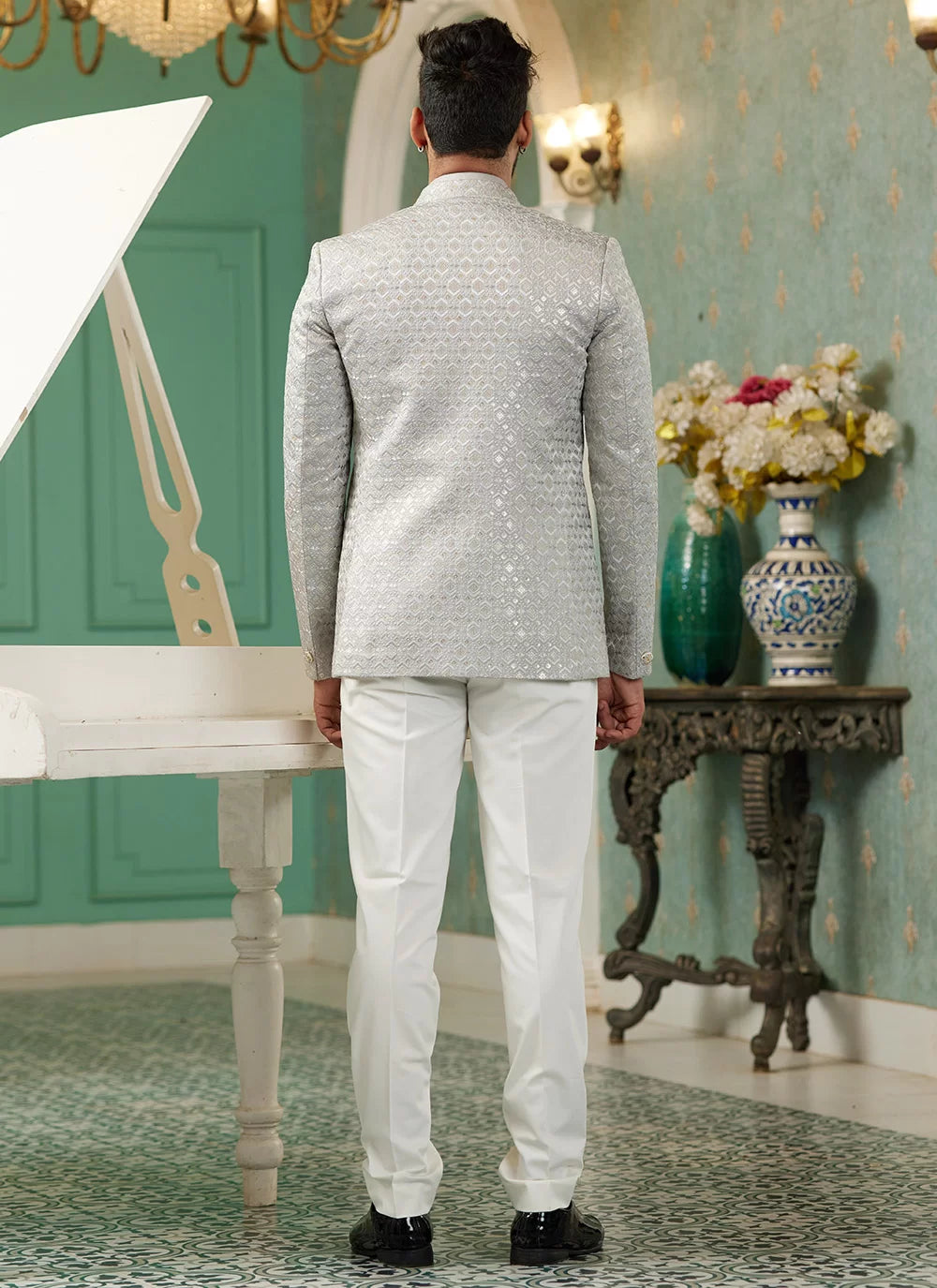 Raivat Ethnic Art Silk Embroidery and Thread Work Jodhpuri in Grey Colour