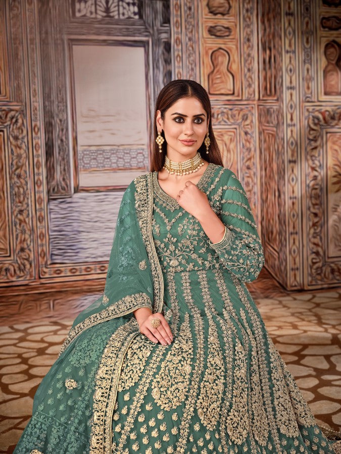 Anaita Green Embroidered Net Anarkali Suit - Distacart