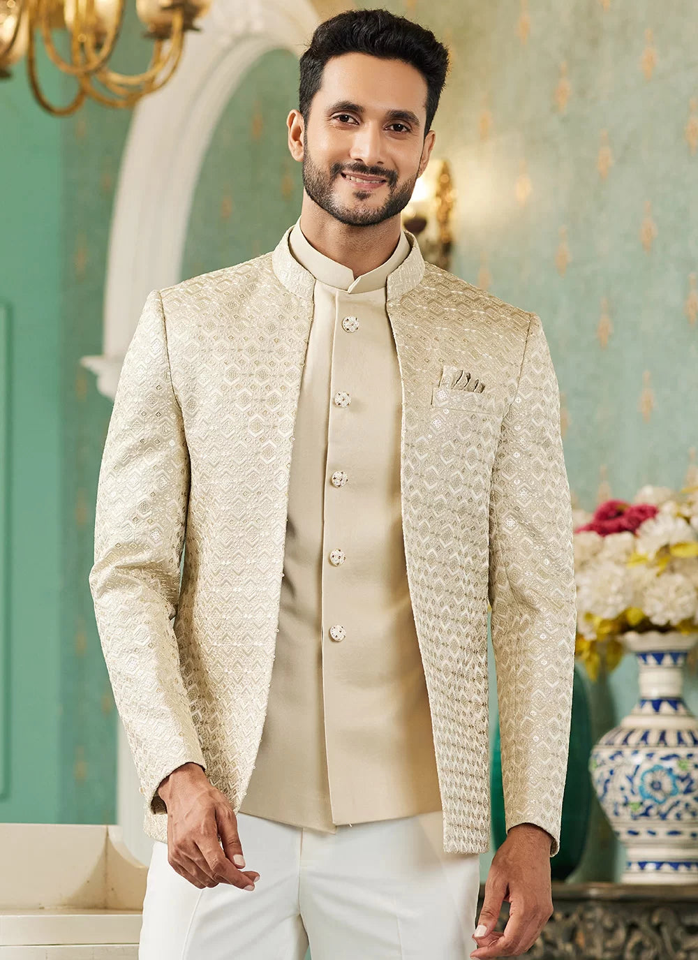 Raivat Ethnic Art Silk Embroidery and Thread Work Jodhpuri in Beige Colour