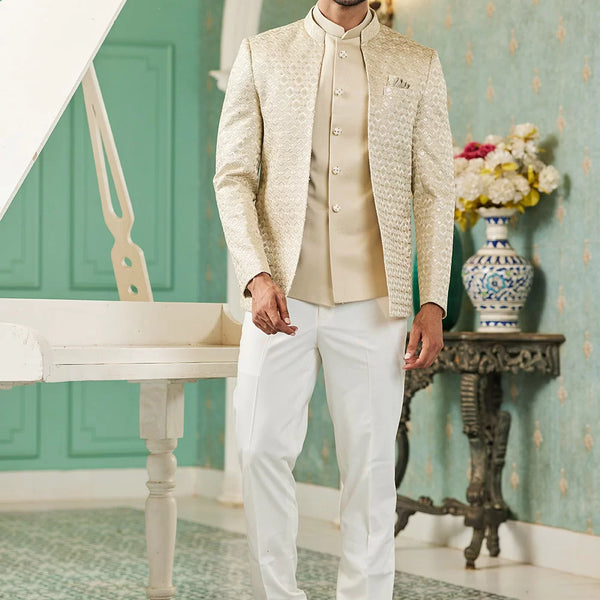 Raivat Ethnic Art Silk Embroidery and Thread Work Jodhpuri in Beige Colour