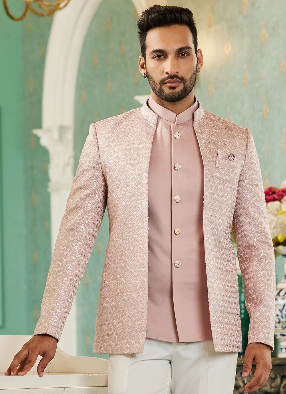 Raivat Ethnic Art Silk Embroidery and Thread Work Jodhpuri in Onion Pink Colour