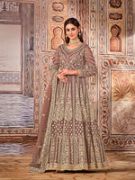 Thumbnail for Anaita Light Brown Embroidered Net Anarkali Suit - Distacart
