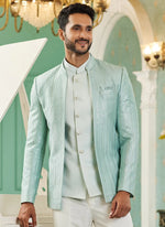 Thumbnail for Raivat Ethnic Art Silk Embroidery and Thread Work Jodhpuri in Pista Green Colour