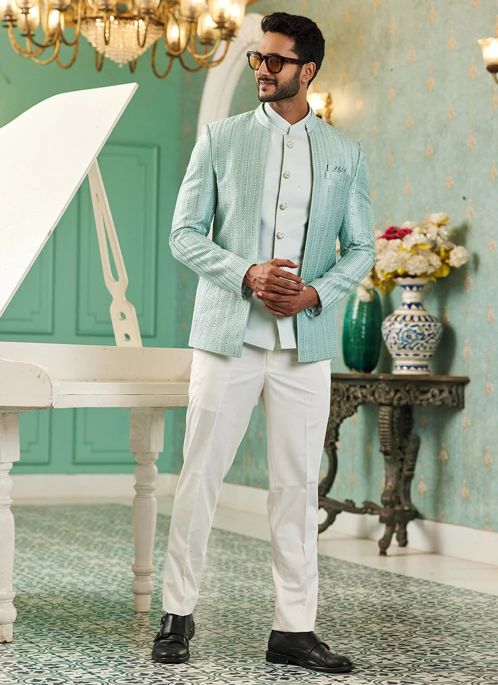 Raivat Ethnic Art Silk Embroidery and Thread Work Jodhpuri in Pista Green Colour - Distacart