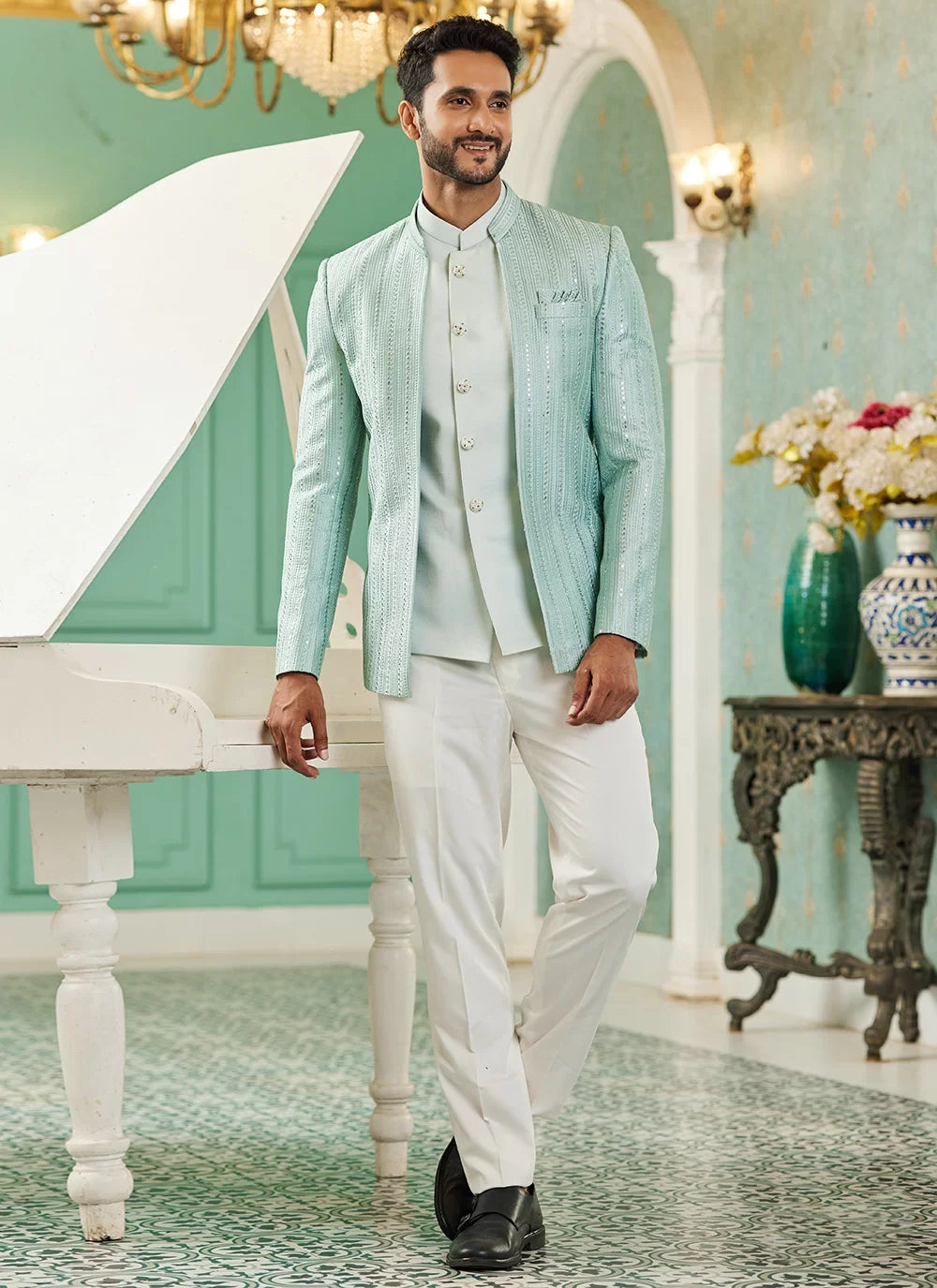 Raivat Ethnic Art Silk Embroidery and Thread Work Jodhpuri in Pista Green Colour