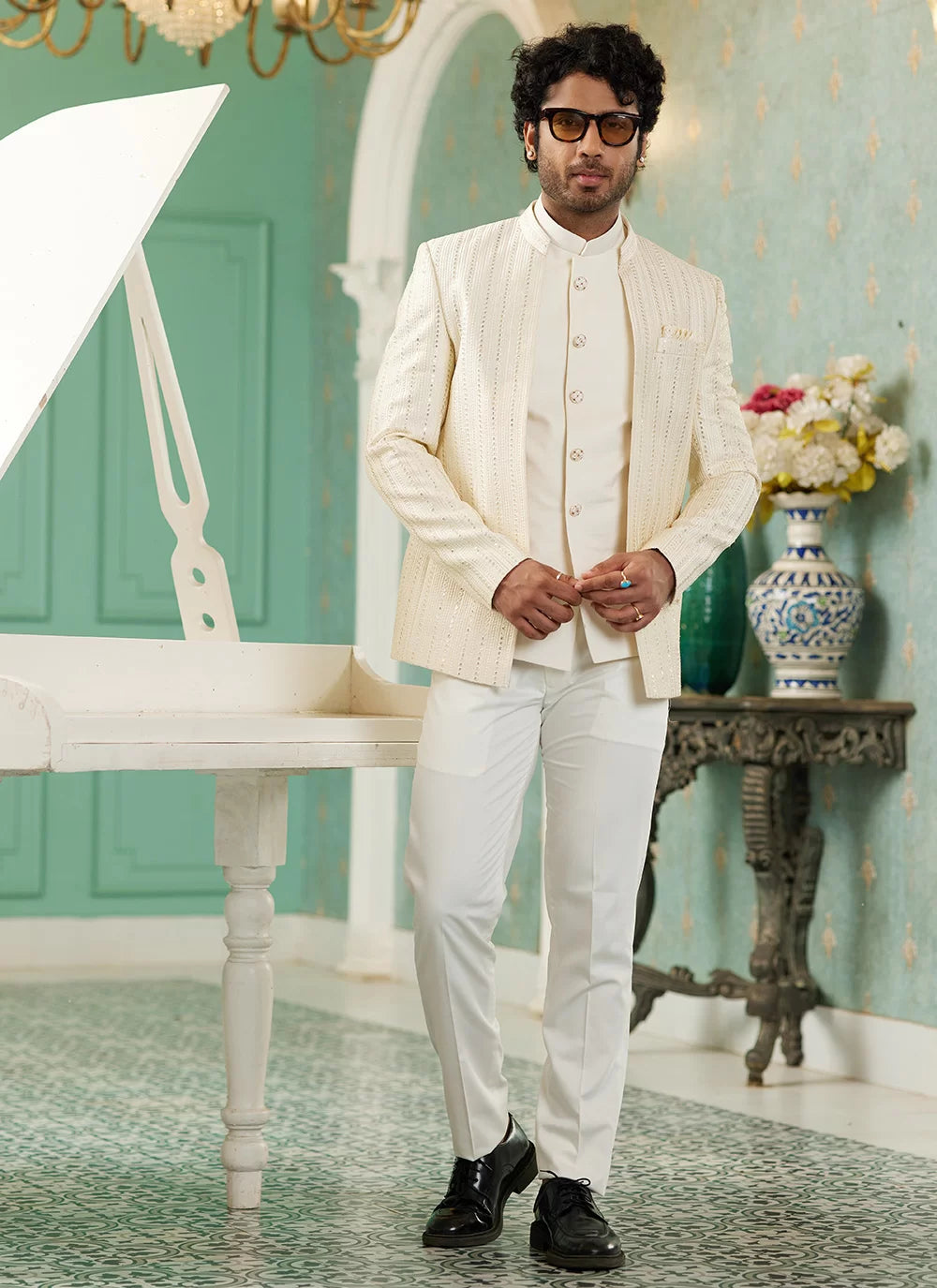 Raivat Ethnic Art Silk Embroidery and Thread Work Jodhpuri in Cream Colour - Distacart