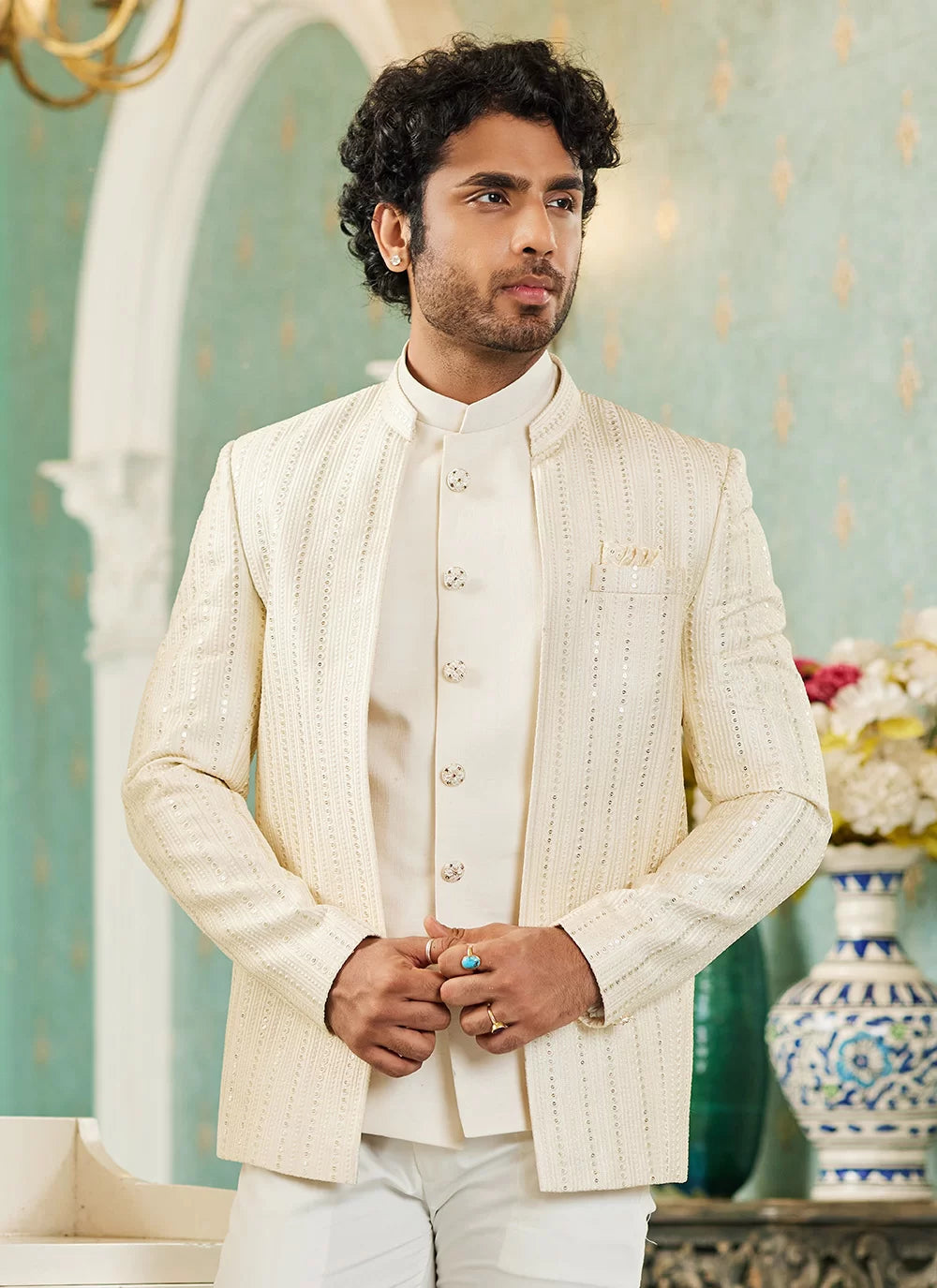 Raivat Ethnic Art Silk Embroidery and Thread Work Jodhpuri in Cream Colour