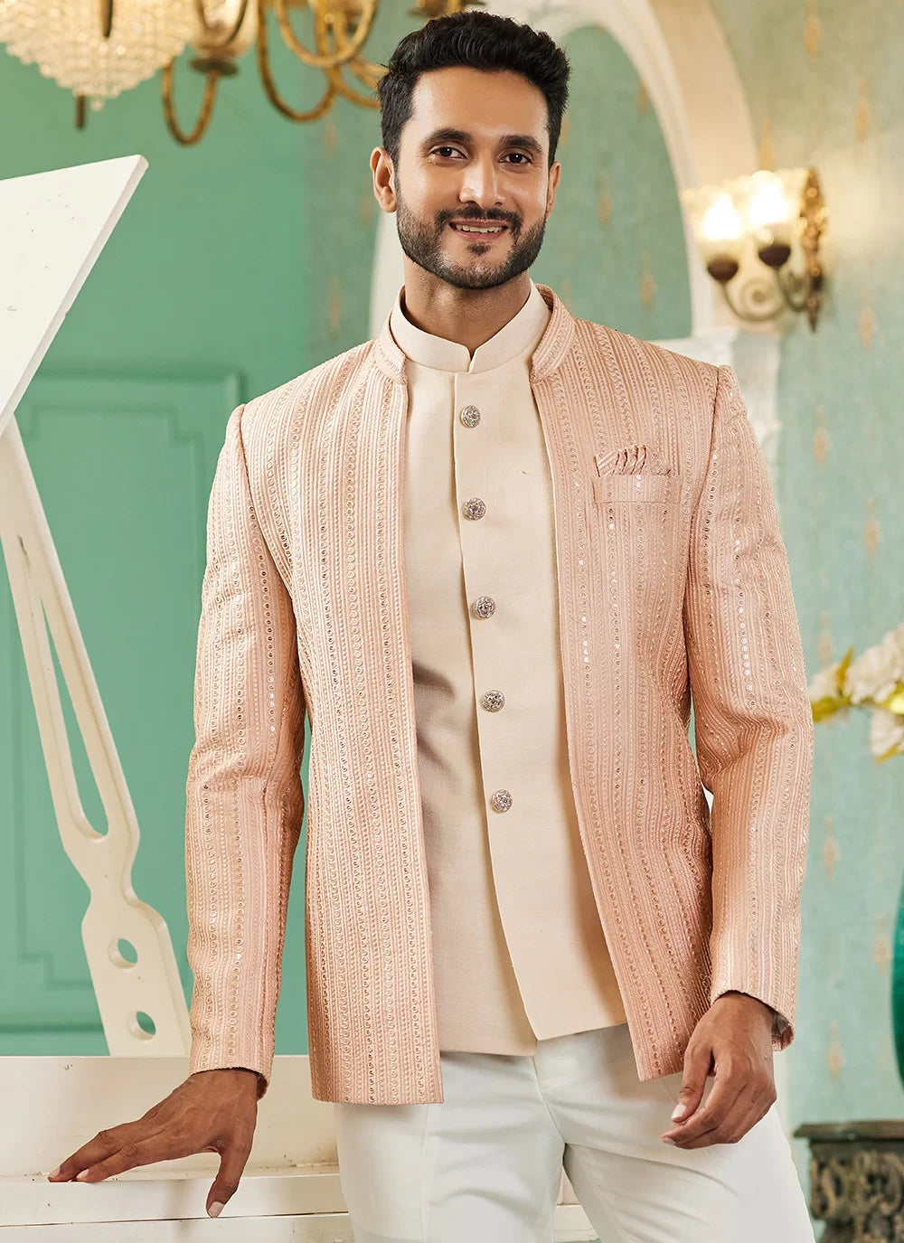 Raivat Ethnic Art Silk Embroidery and Thread Work Jodhpuri in Peach Colour