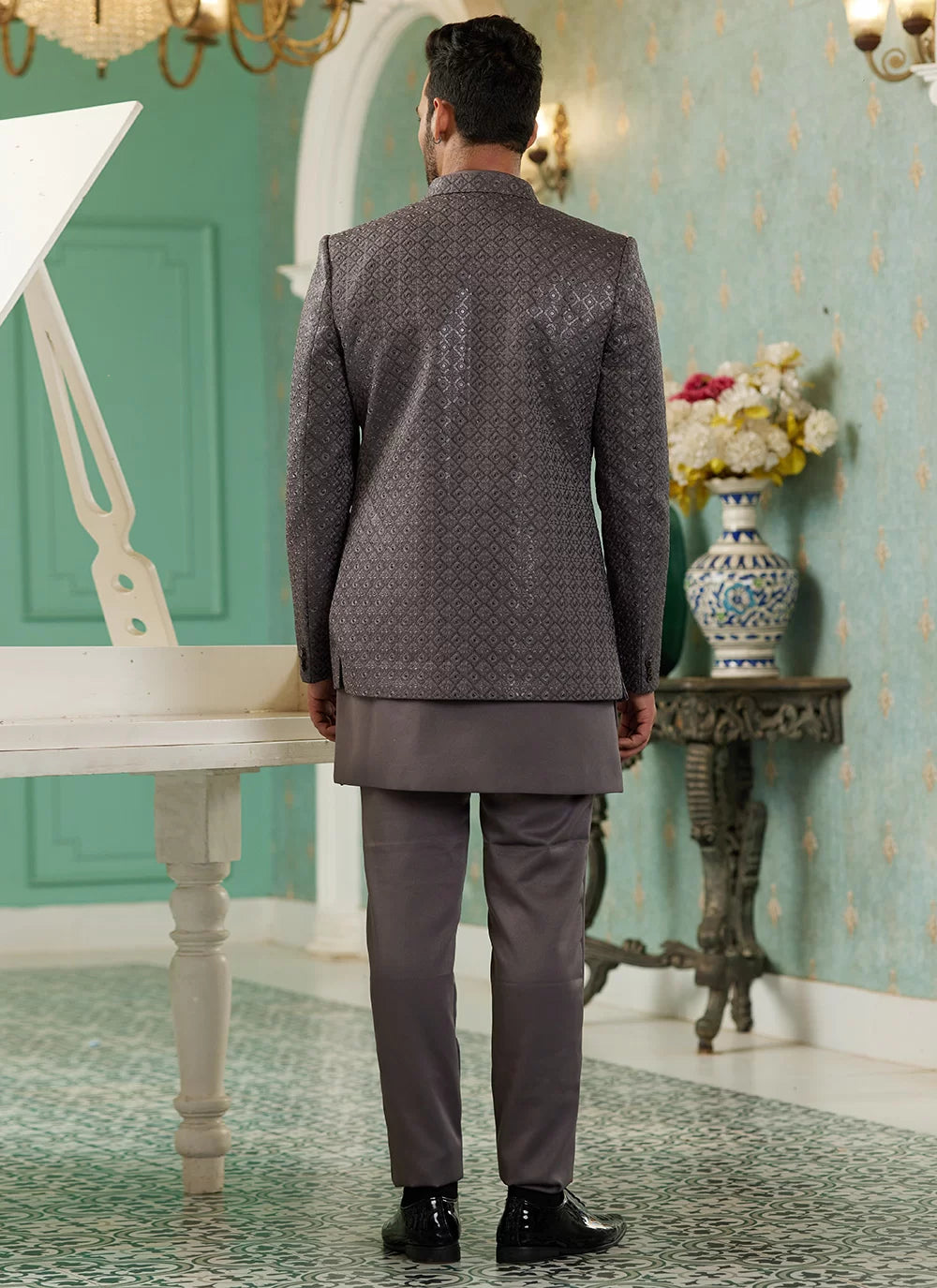 Raivat Ethnic Art Silk Embroidery and Thread Work Jodhpuri in Grey Colour