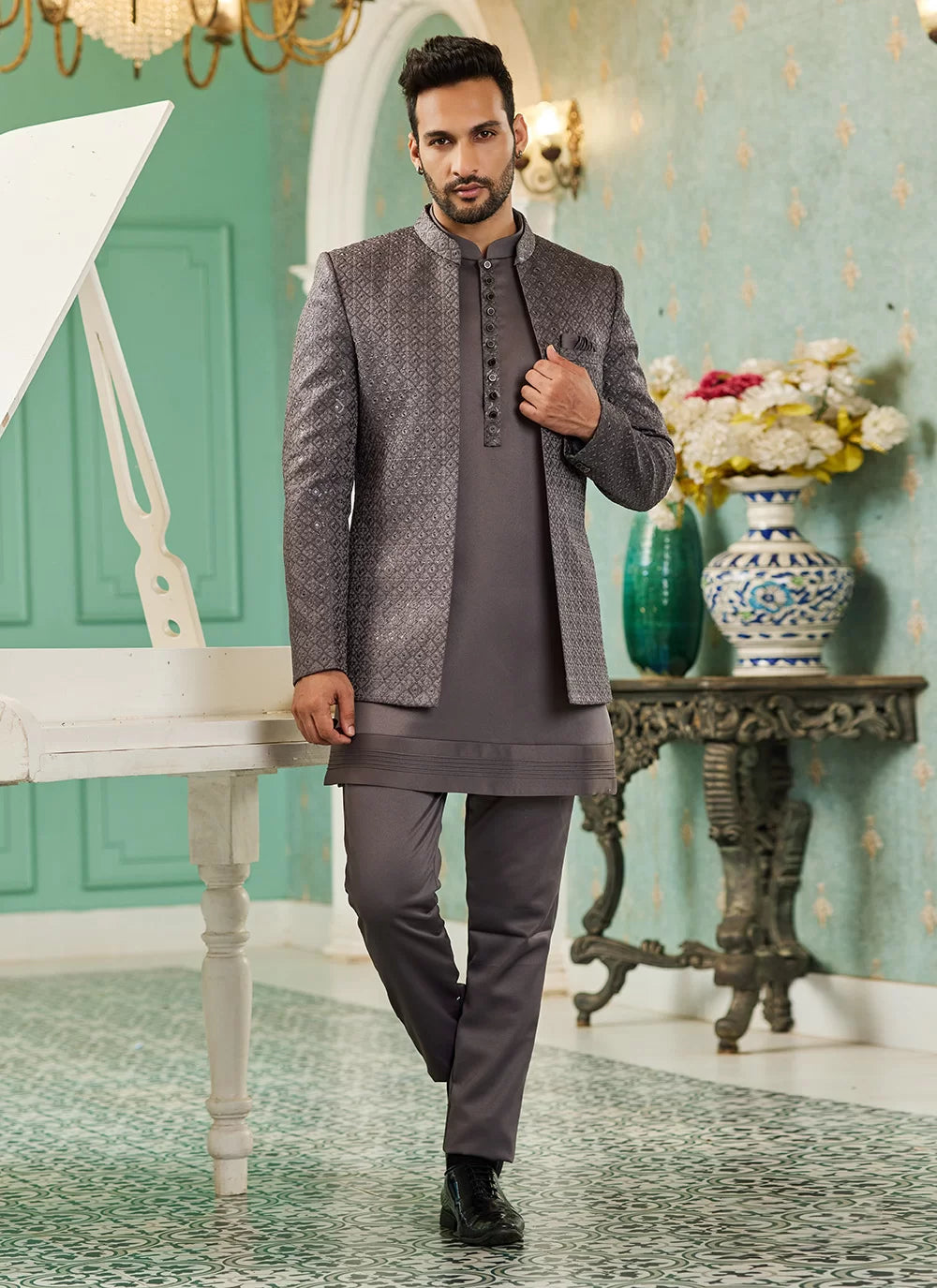 Raivat Ethnic Art Silk Embroidery and Thread Work Jodhpuri in Grey Colour