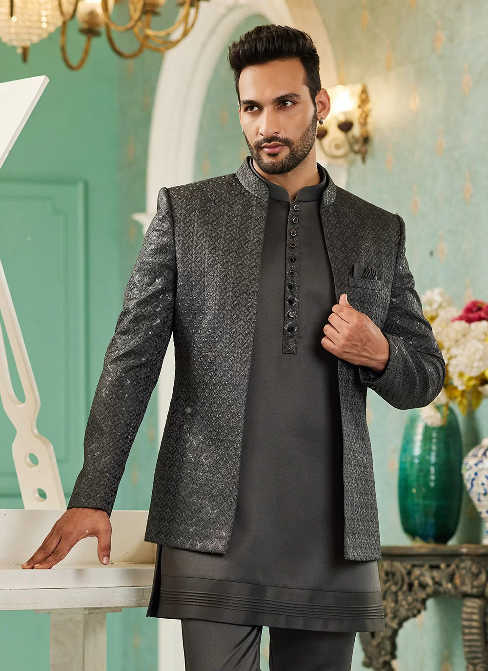 Raivat Ethnic Art Silk Embroidery and Thread Work Jodhpuri in Grey Colour