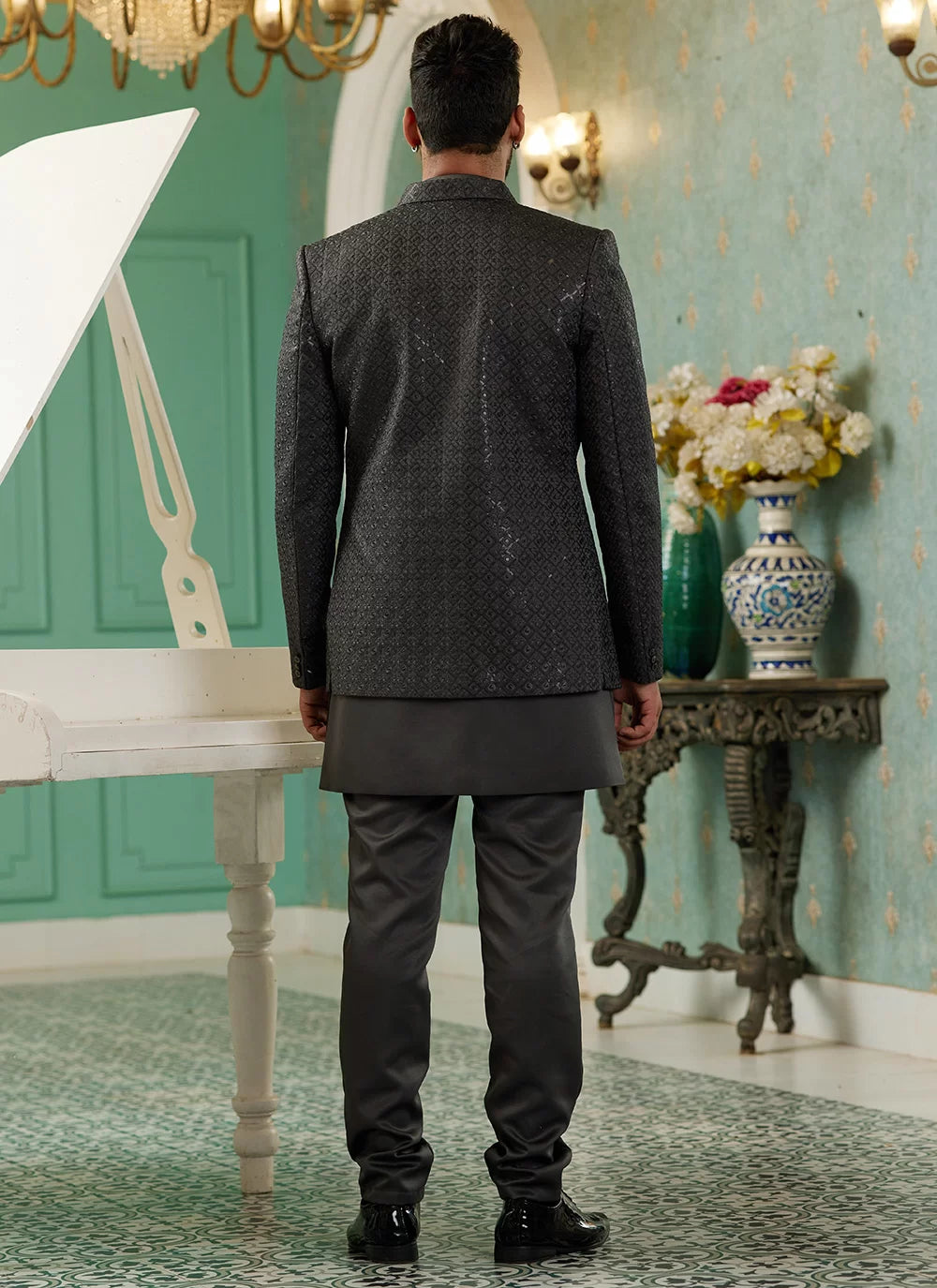 Raivat Ethnic Art Silk Embroidery and Thread Work Jodhpuri in Grey Colour