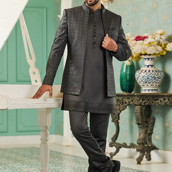 Raivat Ethnic Art Silk Embroidery and Thread Work Jodhpuri in Grey Colour