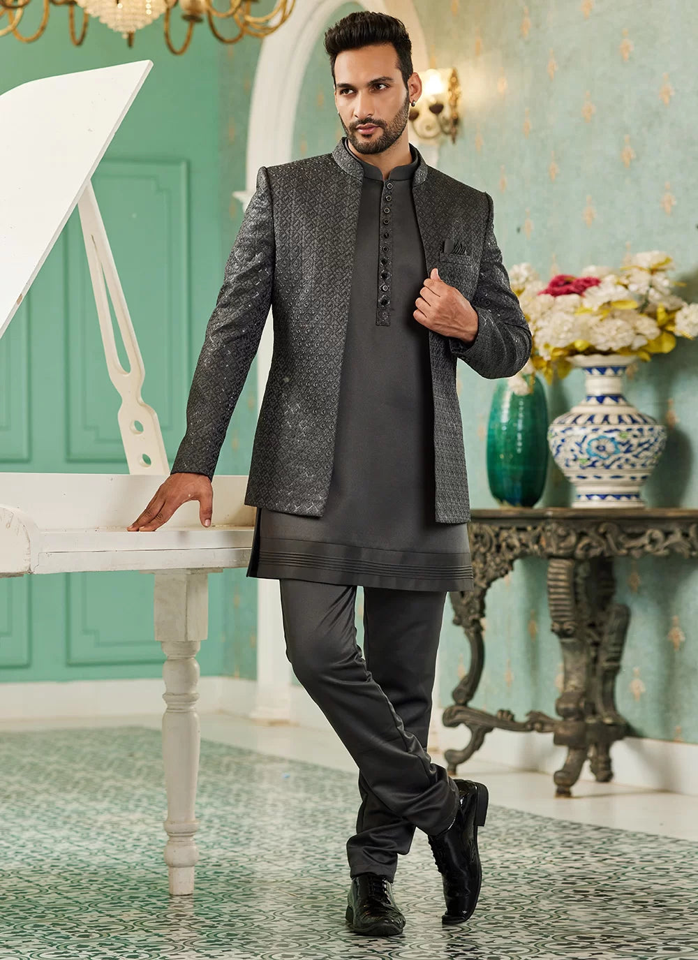 Raivat Ethnic Art Silk Embroidery and Thread Work Jodhpuri in Grey Colour