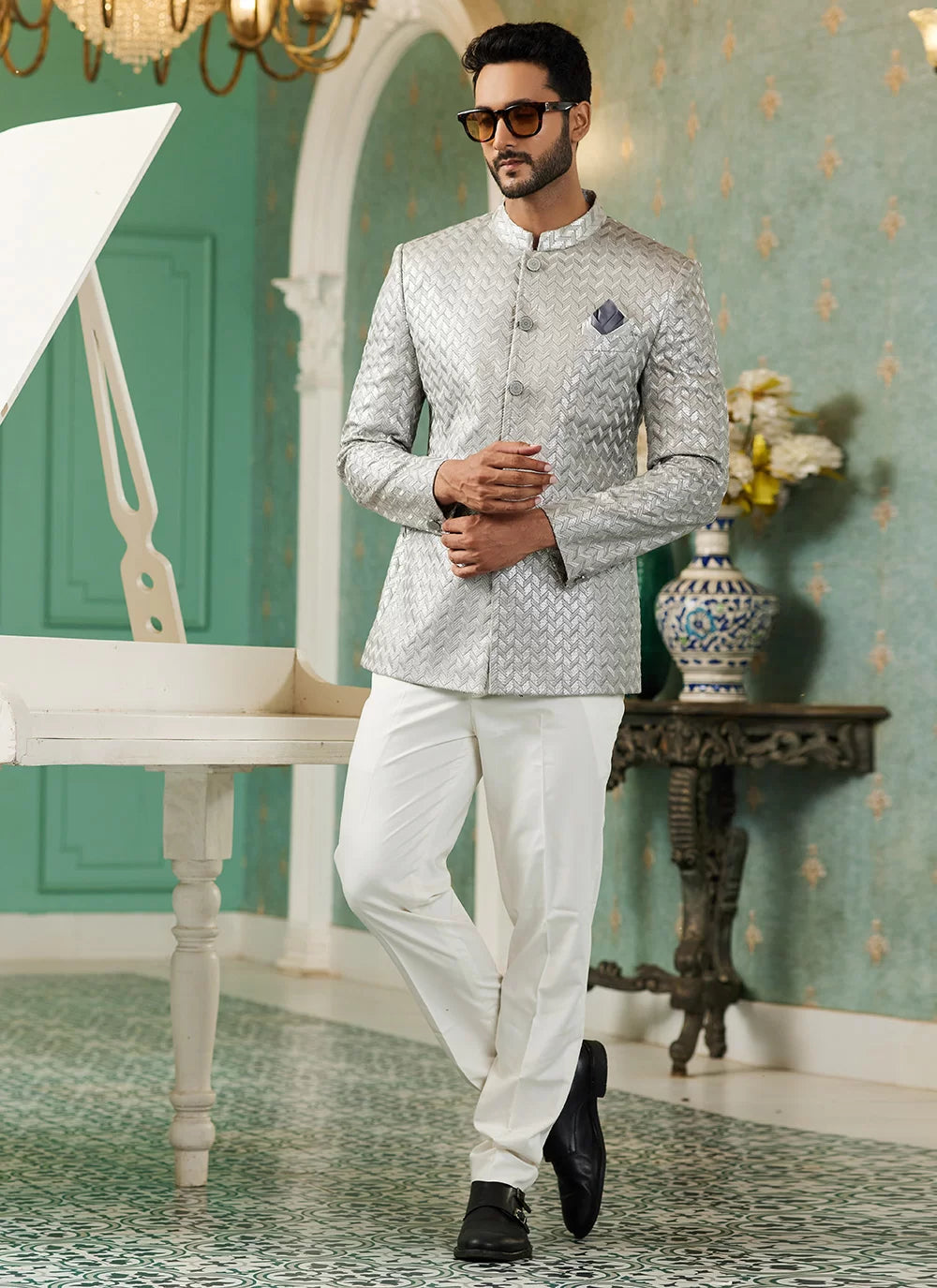 Raivat Ethnic Art Silk Embroidery and Thread Work Jodhpuri in Light Grey Colour