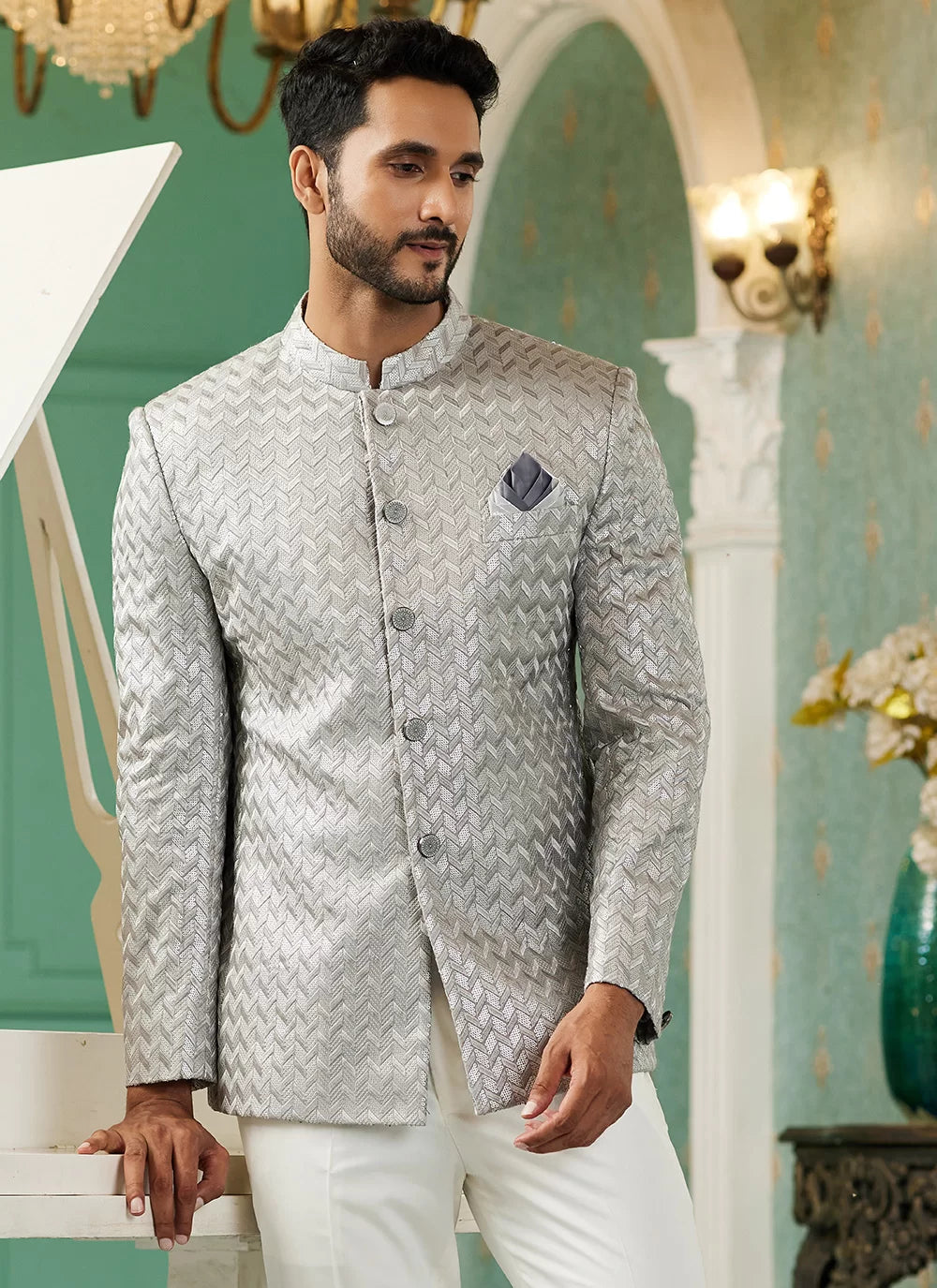 Raivat Ethnic Art Silk Embroidery and Thread Work Jodhpuri in Light Grey Colour